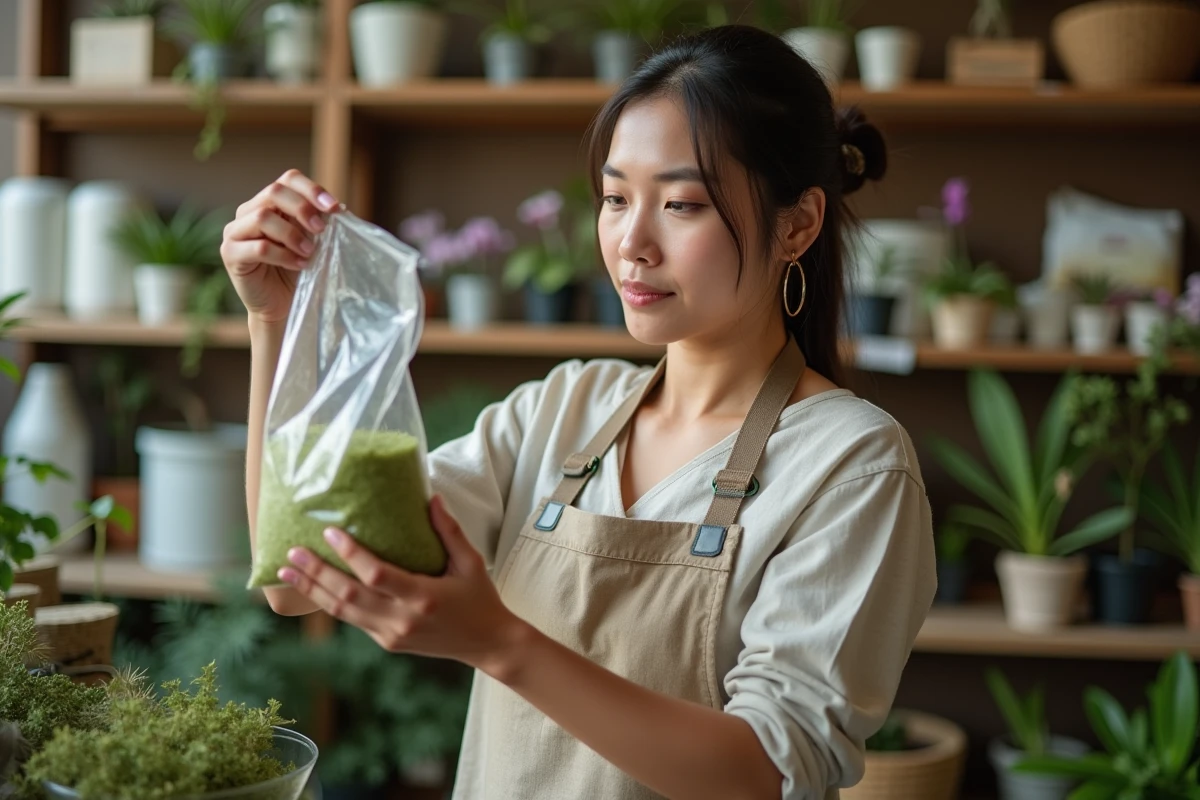 Femme en tablier de lin inspectant un sachet de sphaigne séchée dans le rayon orchidées d'une jardinerie