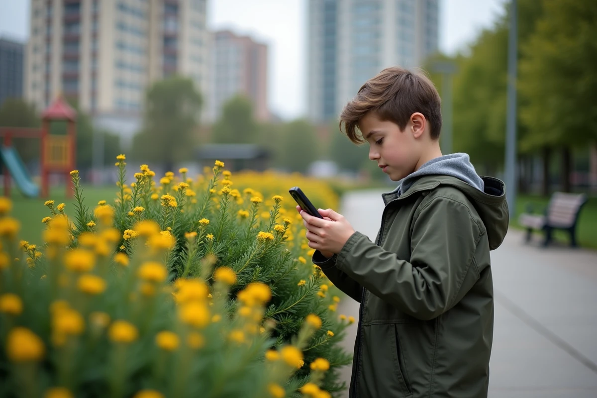 Adolescent dans un parc urbain scannant des fleurs avec son smartphone