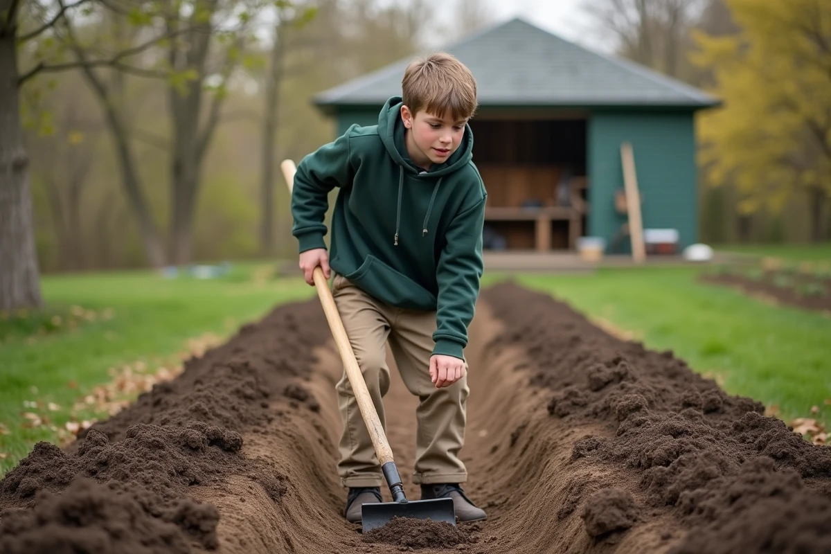 Jeune garçon levelant la terre dans un jardin communautaire