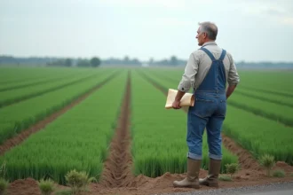 Agriculteur debout au bord d'un vaste champ cultivé tenant une carte pour mesurer la superficie en hectares et ares