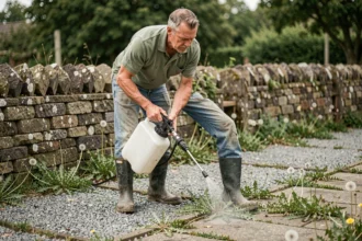 Agriculteur utilisant un désherbant Radikal sur une allée envahie de mauvaises herbes