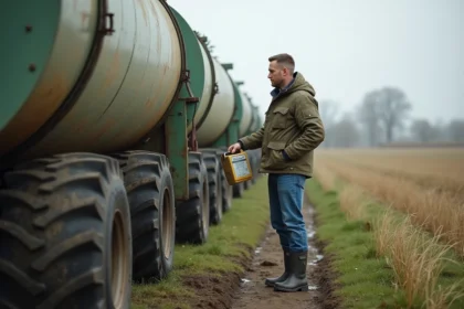 Agronome vérifiant le niveau d'engrais liquide à côté d'un grand tank agricole