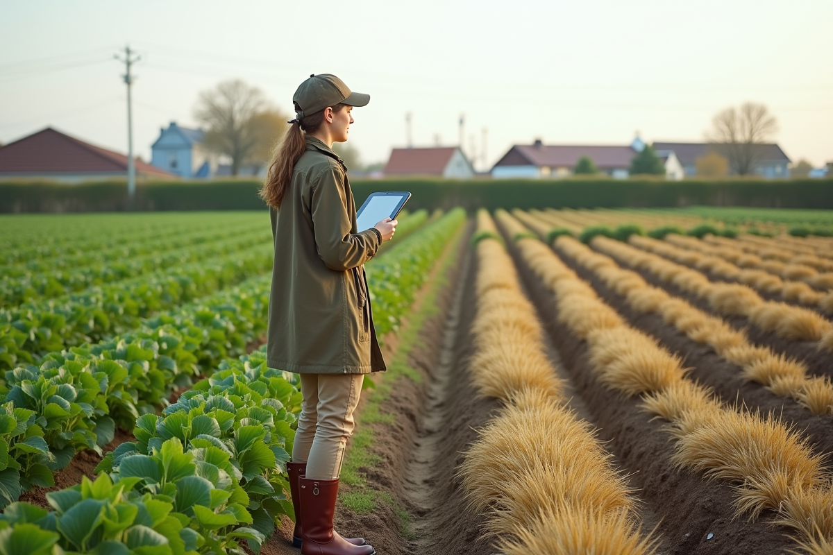 Jeune agronome observant un champ en rotation