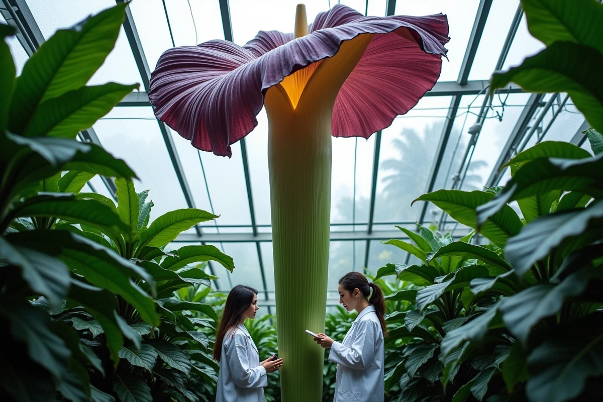 Deux scientifiques observant une inflorescence géante d'Amorphophallus titanum dans une serre botanique, comparant la taille de cette plante record avec des chercheurs en blouse blanche