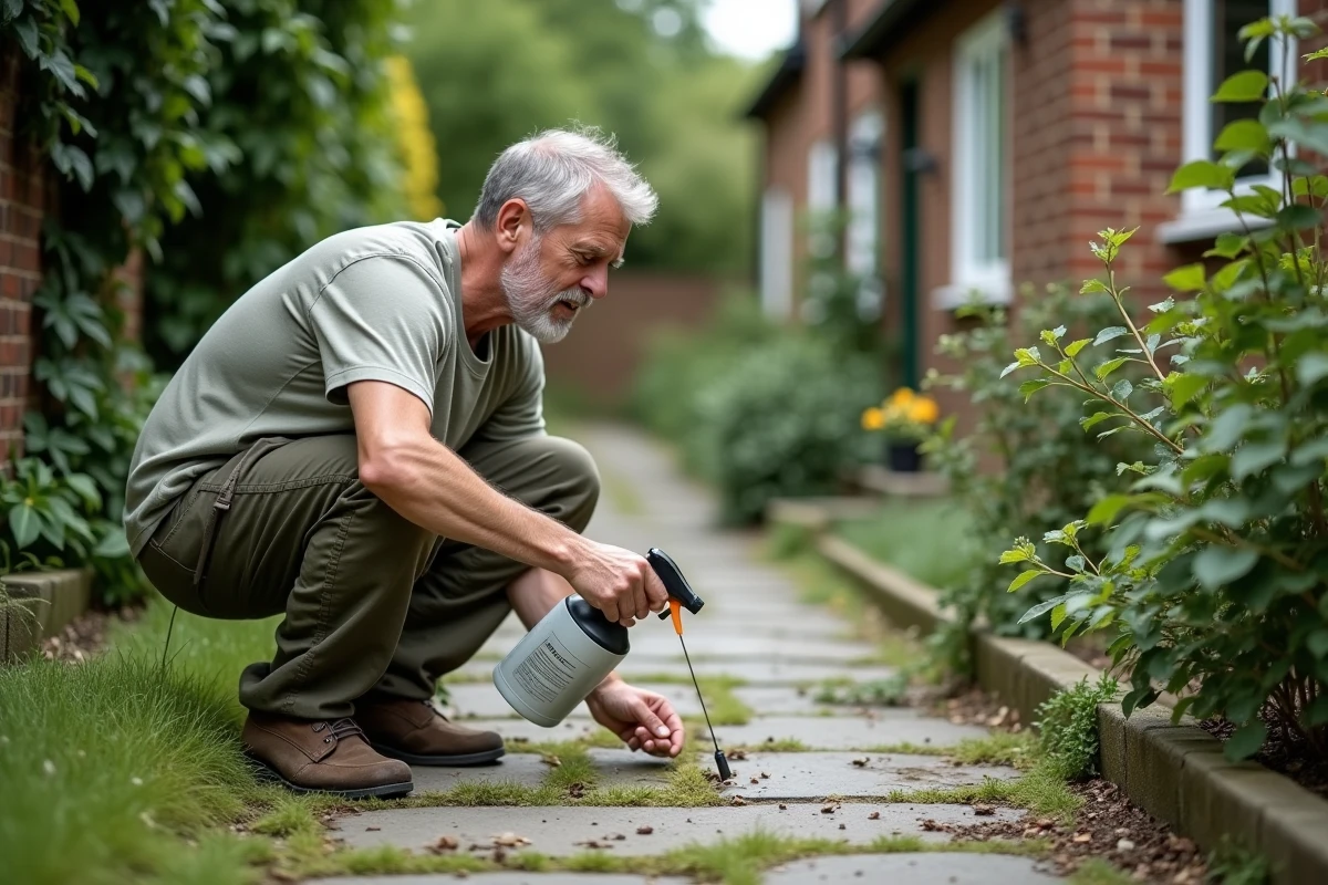 Homme appliquant du vinaigre blanc sur les mauvaises herbes entre les dalles d'un chemin de jardin en pierre