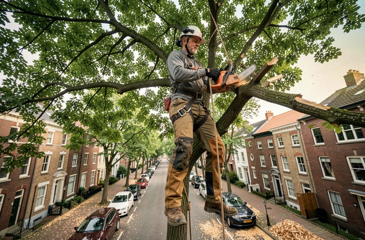 Arboriste professionnel en hauteur dans un tilleul urbain avec harnais et tronçonneuse