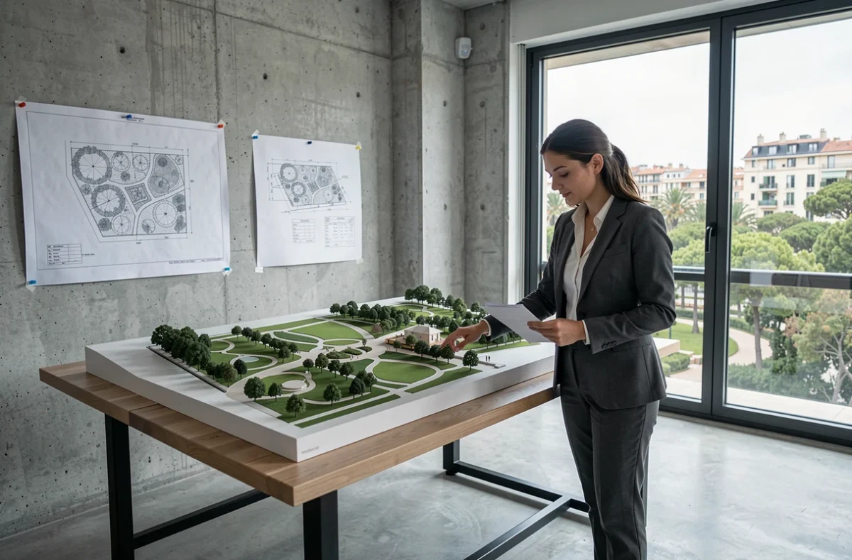 Architecte paysagiste d'ARCALYS Paysage étudiant une maquette de parc dans un bureau moderne à Marseille