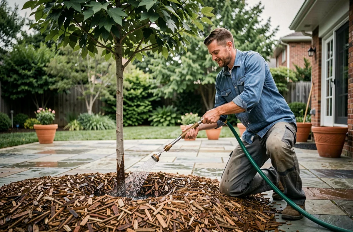 Jardinier arrosant un catalpa boule avec paillage au pied de l'arbre pour protéger contre la sécheresse estivale
