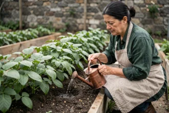 Femme arrosant des plants de pommes de terre colombia dans un potager avec un arrosoir en cuivre