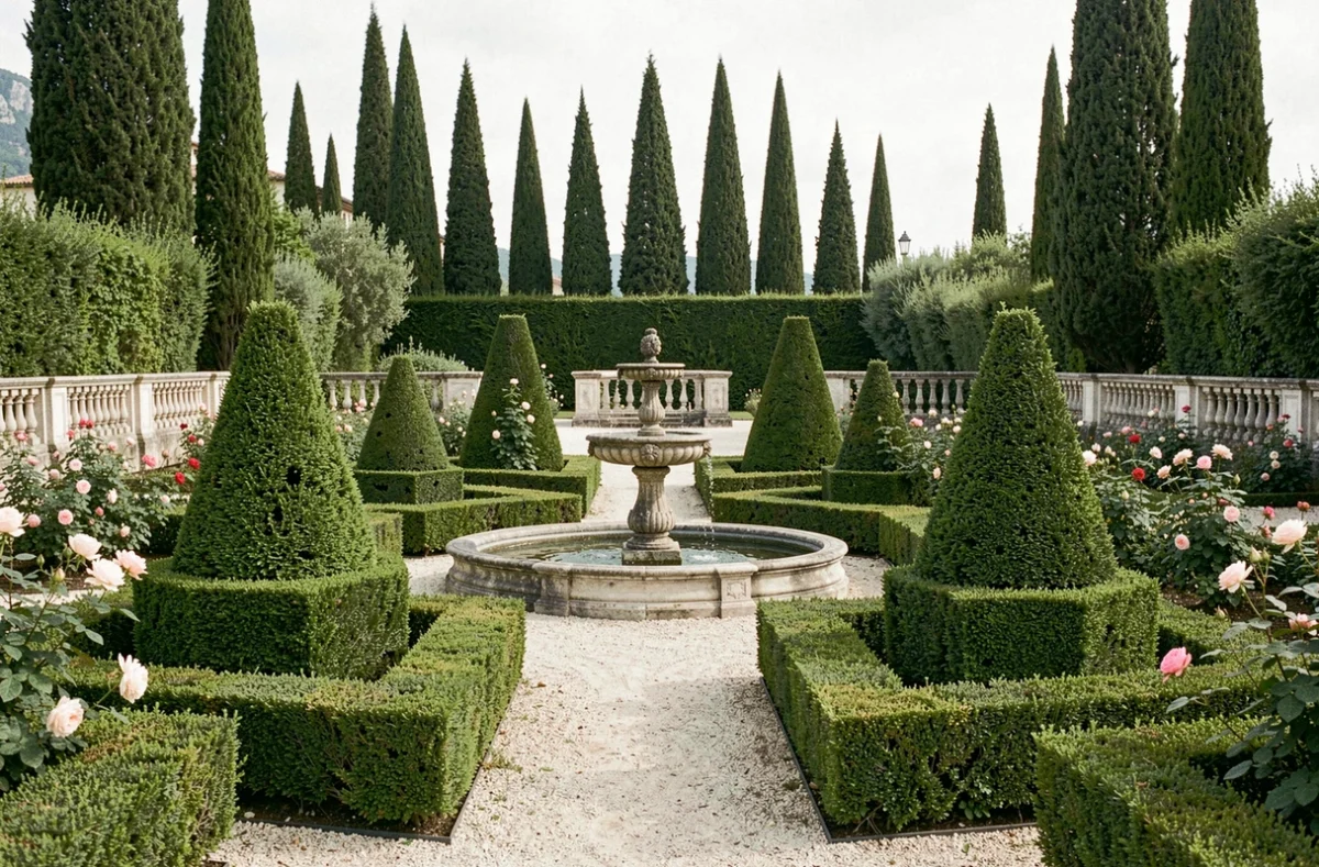 Jardin formel artistique de L'Art du Jardin avec topiaires taillés, fontaine en pierre et parterres de roses dans les Alpes-Maritimes