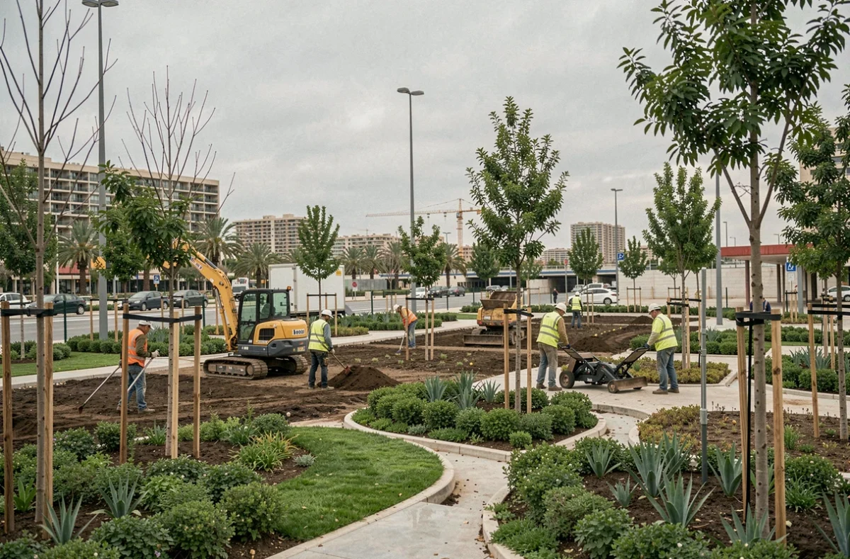 Équipe d'Asco Environnement aménageant un espace vert public à Marseille avec plantation d'arbres et matériel professionnel