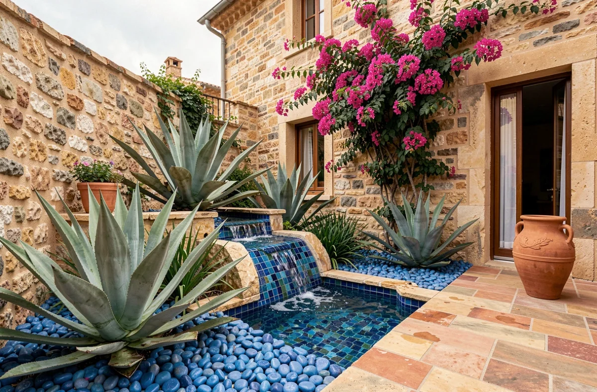 Jardin méditerranéen créatif réalisé par Azur Jardin Creation avec fontaine en mosaïque bleue et bougainvilliers sur une maison provençale