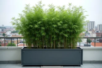 Bambou non traçant en pot sur un balcon urbain avec vue sur la ville, formant un écran végétal naturel et élégant