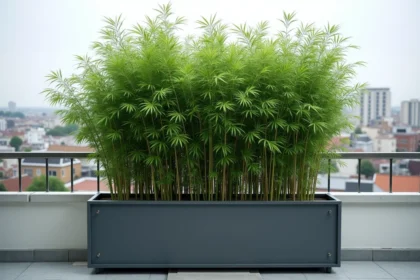 Bambou non traçant en pot sur un balcon urbain avec vue sur la ville, formant un écran végétal naturel et élégant