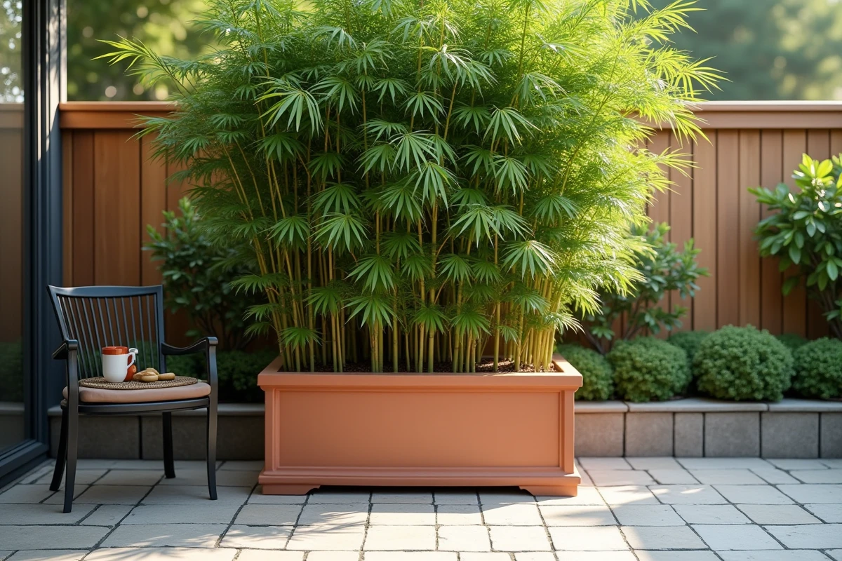 Bambou en touffe non envahissant dans un grand pot en terre cuite sur une terrasse avec mobilier de jardin