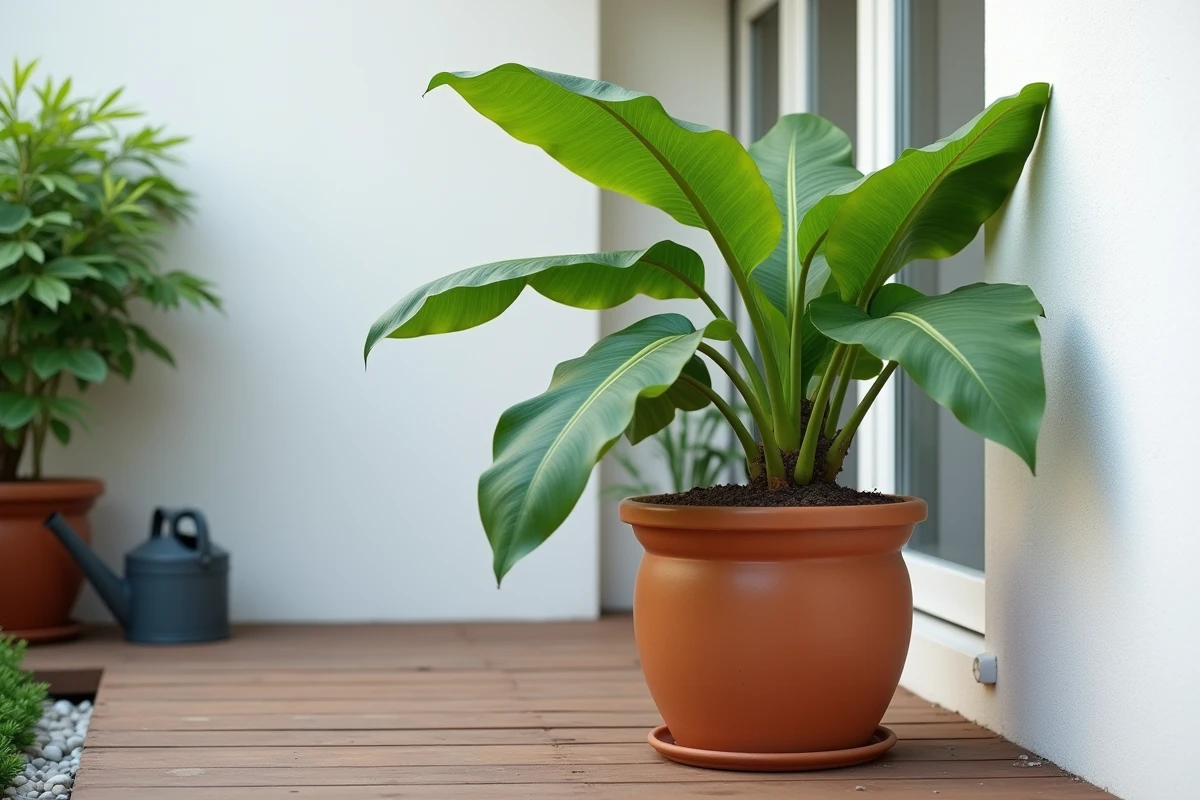 Bananier cultivé en pot sur une terrasse, présenté dans un grand bac en terre cuite avec des feuilles vertes saines et un arrosoir en arrière-plan