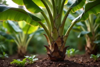 Bananier planté en pleine terre dans un jardin tropical luxuriant, avec un grand pseudotronc strié et de larges feuilles vertes déployées vers le ciel