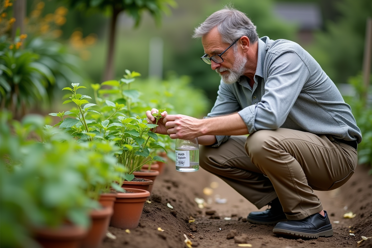 Homme botaniste inspectant des jeunes plantes dans un jardin