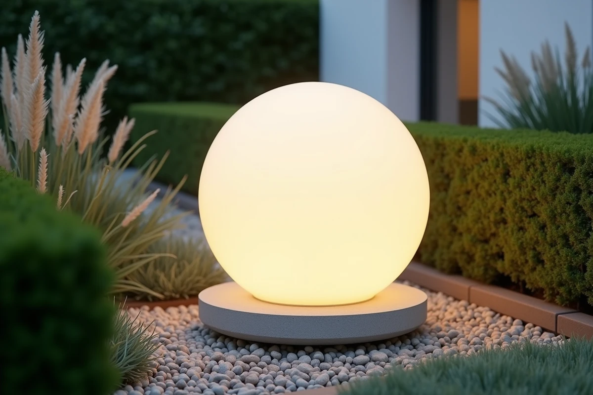 Boule lumineuse extérieure design en polyéthylène blanc sur socle béton dans un jardin paysager avec haies de buis et graminées