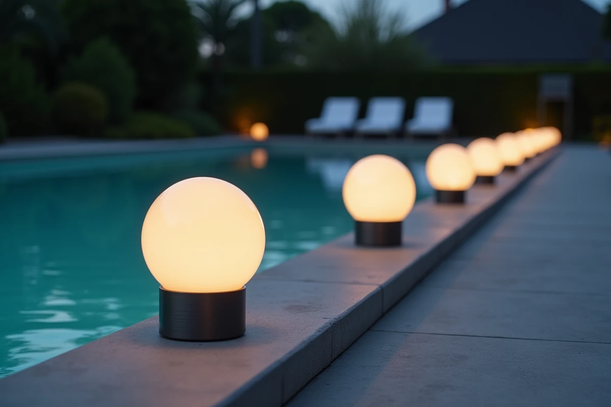 Boules d'éclairage extérieur design en métal noir mat bordant une piscine contemporaine avec reflets dans l'eau au crépuscule