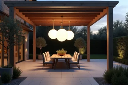 Boules lumineuses design suspendues sous une pergola en bois sur une terrasse moderne en carrelage gris avec mobilier en teck