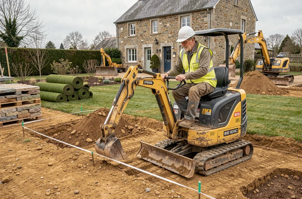 Entrepreneur paysagiste utilisant une mini-pelle pour terrassement lors d'un chantier d'aménagement en Morbihan