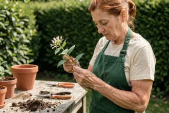 Femme jardinière tenant une bouture de chèvrefeuille fraîchement coupée sur une table de rempotage en bois