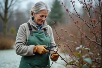 Femme qui effectue une bouture de lilas dans un jardin en région froide au début du printemps