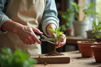 Femme préparant une bouture de vigne vierge sur un établi en bois avec des outils de jardinage