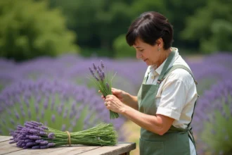 Femme qui bouture de la lavande dans un jardin de style provençal avec des ciseaux de jardinage