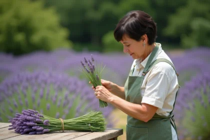 Femme qui bouture de la lavande dans un jardin de style provençal avec des ciseaux de jardinage