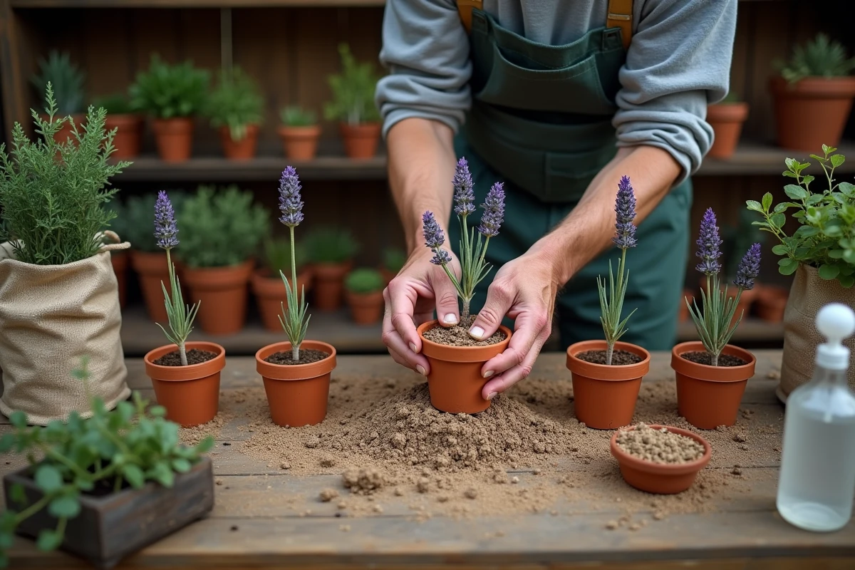 Mains d'un jardinier plantant des boutures de lavande dans des pots en terre cuite avec du terreau drainant