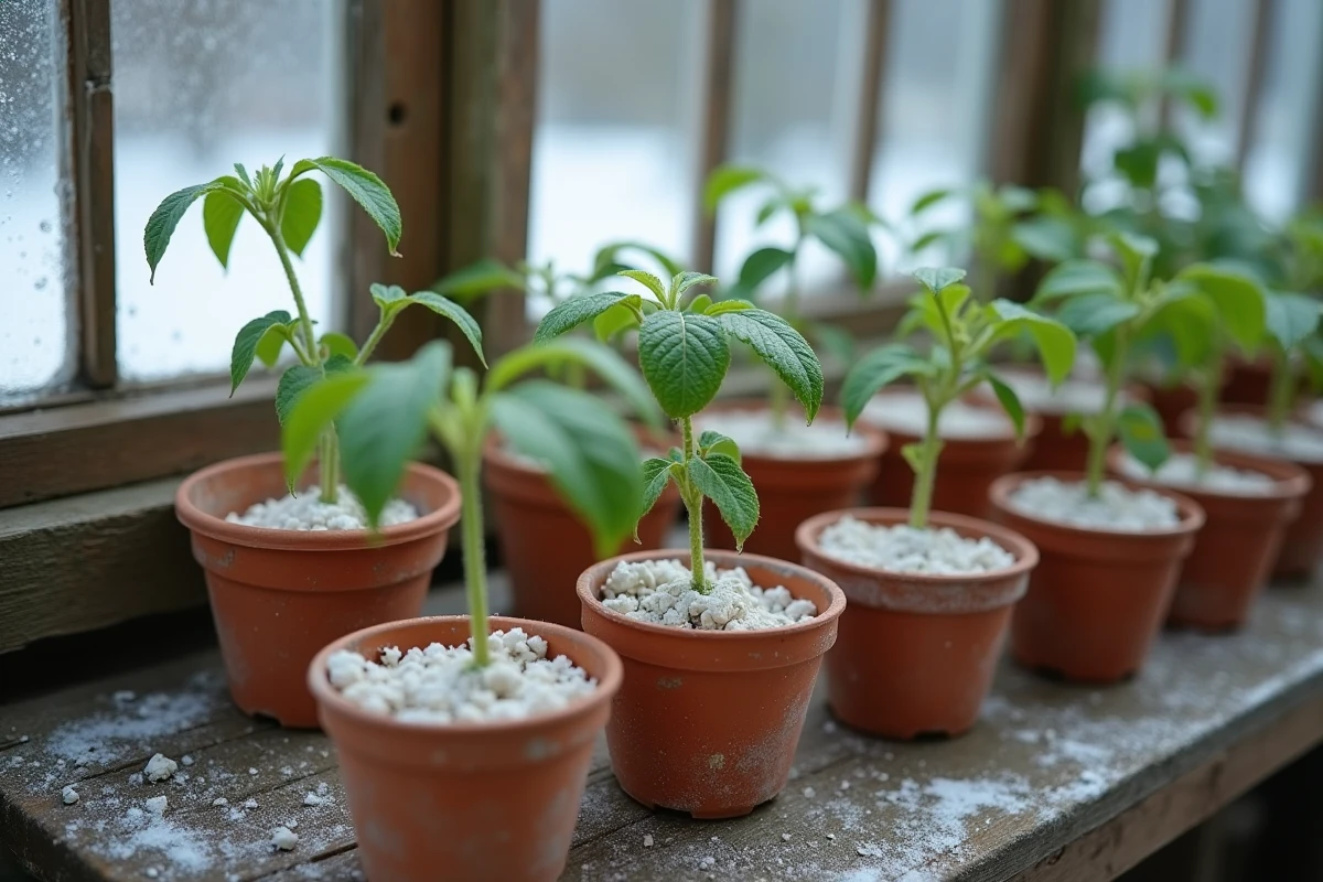 Boutures de lilas en pots de terracotta avec hormone d'enracinement dans une serre froide
