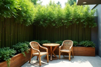 Terrasse moderne entourée d'un brise vue en bambou naturel avec table en teck et chaises en rotin
