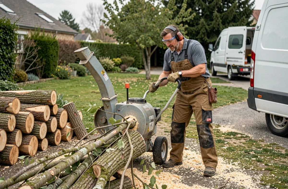 Élagueur utilisant un broyeur de branches après des travaux d'élagage dans un jardin de Montauban