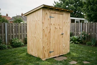 Petit cabanon de jardin en bois bon marché assemblé dans un jardin pavillonnaire, illustrant les modèles vendus en grande surface discount