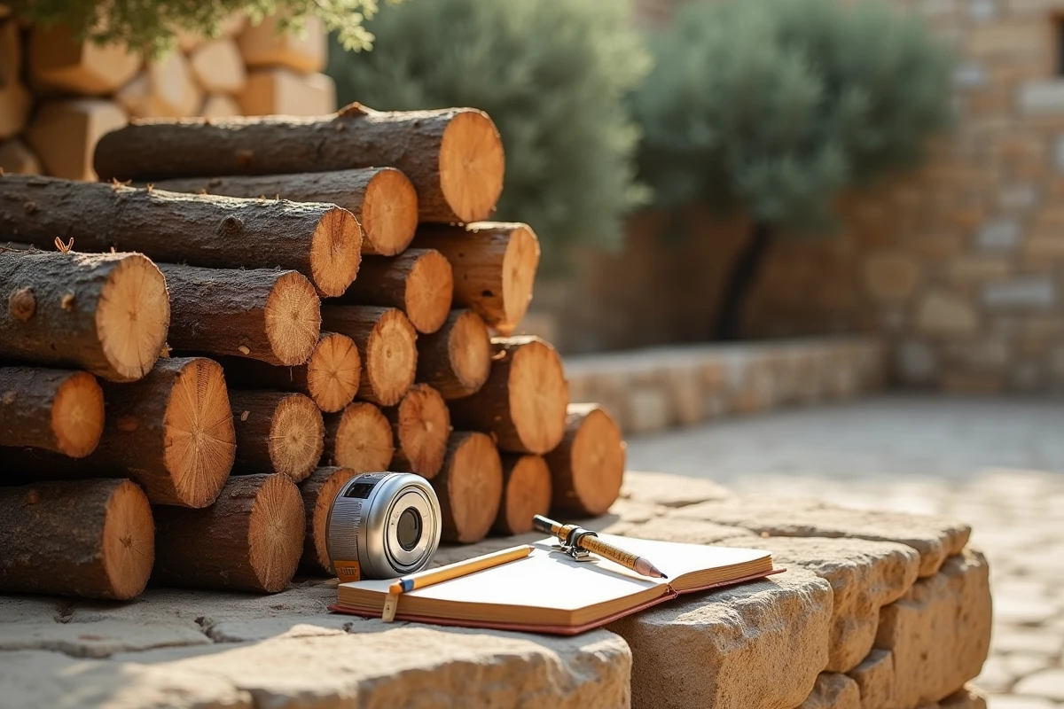 Stère de bois de chauffage empilé sur une terrasse en pierre avec carnet de notes et mètre ruban pour calcul du poids