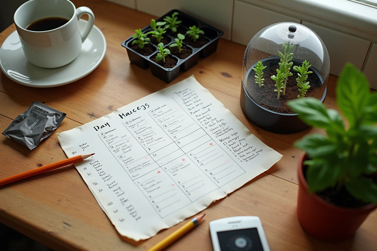 Vue de dessus d'un calendrier de semis de tomates manuscrit entouré de sachets de graines et d'un plateau de semis avec dôme humide sur une table en bois