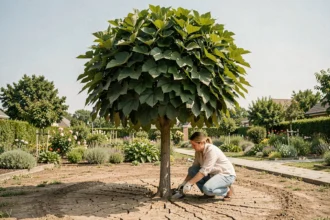 Catalpa boule en période de canicule avec sol sec et fissuré dans un jardin suburban, femme jardinière inspectant la terre autour du tronc