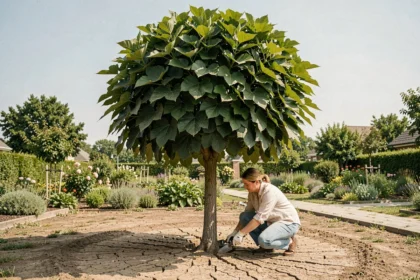Catalpa boule en période de canicule avec sol sec et fissuré dans un jardin suburban, femme jardinière inspectant la terre autour du tronc