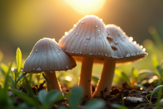 Champignons chanterelles gris en jardin ensoleille