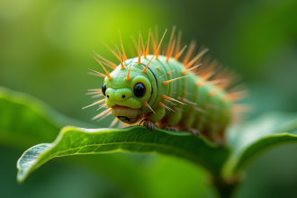 Gros plan d'une chenille sphinx sur une feuille verte en jardin