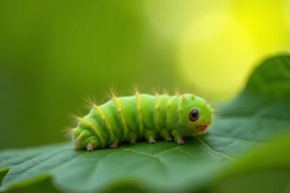 Chenille verte sur une feuille de chêne avec détails macro des poils et segments du corps