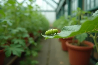 Petite chenille verte sur une feuille de tomate en serre, vue macro rapprochée