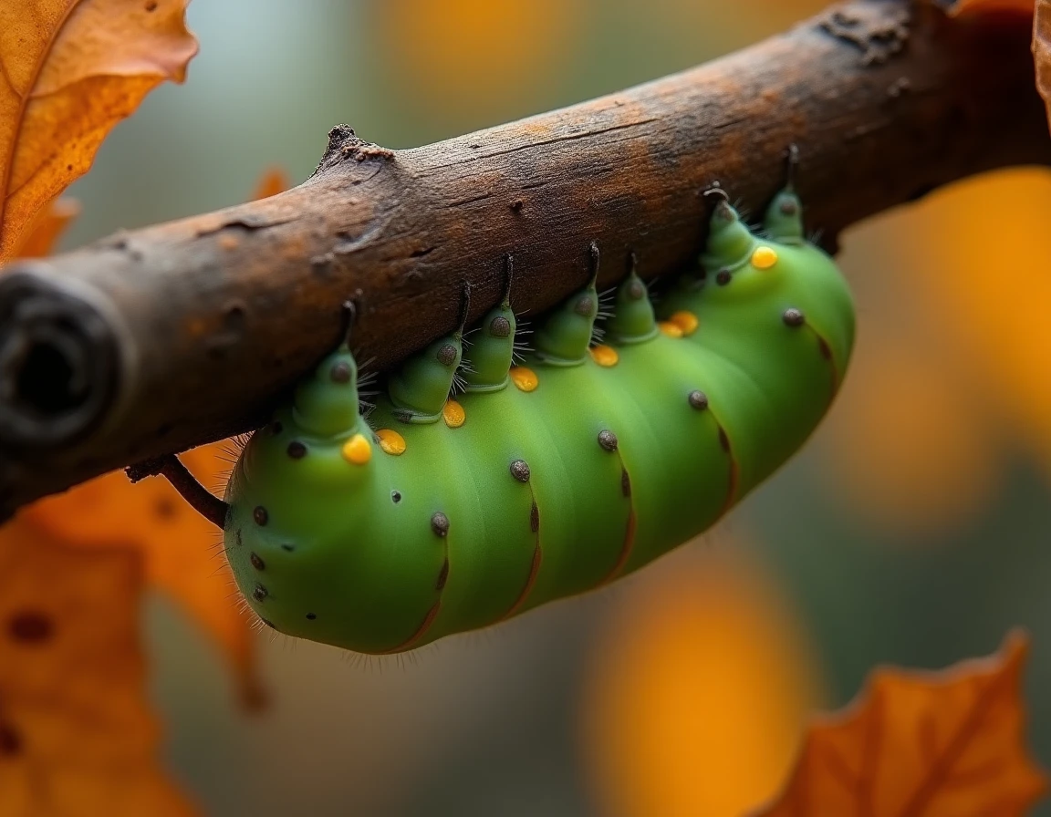 Chenille verte en phase de métamorphose formant une chrysalide sur une branche en bois