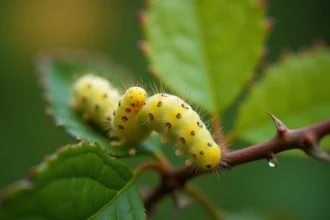 Chenilles jaunes et vertes en gros plan sur une tige de rosier avec des feuilles légèrement rongées