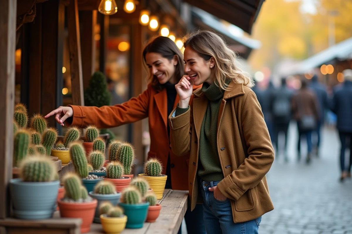 Deux femmes au marché découvrant des cactus en pot, hésitation sur le choix d'un cadeau épineux