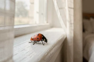 Coccinelle noire à points rouges posée sur un rebord de fenêtre en bois blanc dans une chambre à coucher
