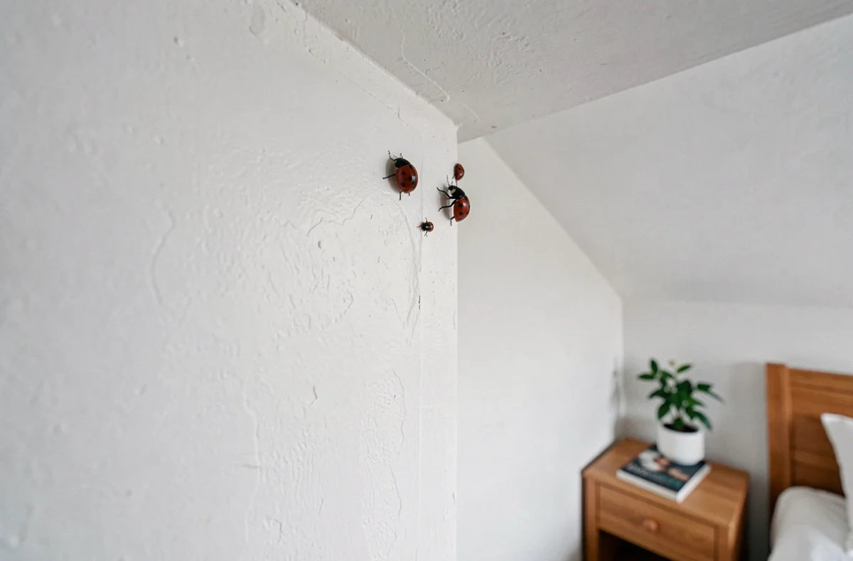 Plusieurs coccinelles noires à points rouges regroupées dans le coin d'un mur de chambre à coucher