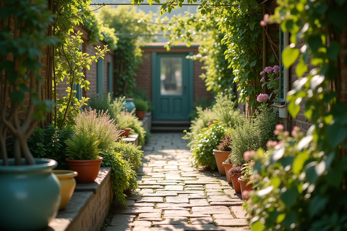 Coin de jardin avec chemin fleuri et pots décoratifs en après-midi